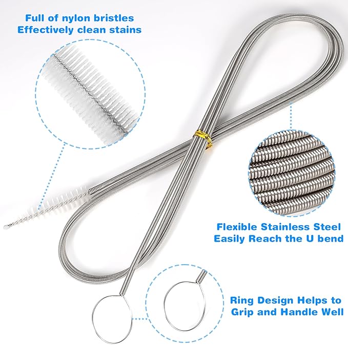Cleaning Brushes Set, 10 Pieces 8 Inch Nylon Tube Brush + 60 Inch Flexible Long Drain Brush, Hose Pipe Brush, Suitable for Home Kitchen, Bathroom, Fish Tank, Water Pump Accessories (White)