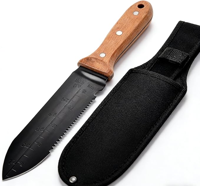 Hori Hori Garden Knife, 7" Stainless Steel Blade Heavy Duty Gardening Tool, Full-Tang Wooden Handle with Hanging Hole & Oxford Sheath for Weeding Digging Planting Cutting