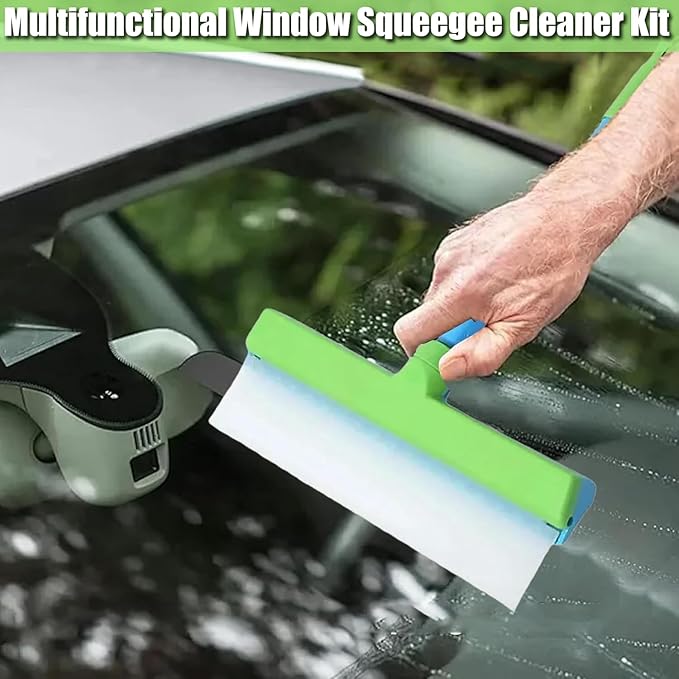 Recyclable Silicone Window Squeegee Kit - 3-in-1 Window Washer,Squeegee and 3 Microfiber Cloths, Ergonomic Handle & Streak-Free Blade for Windows, Mirrors, Shower Doors, Glass (Green)