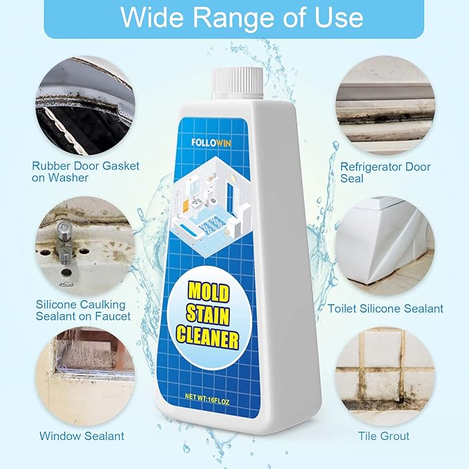 FOLLOWIN Mold and Mildew Remover Gel, Household Stain Cleaner for Washing Machine Seal, Bathroom Grout, Shower Tile, Kitchen Sink, Silicone Caulk - Non-Drip, Deep-Penetrating Formula, 16 oz