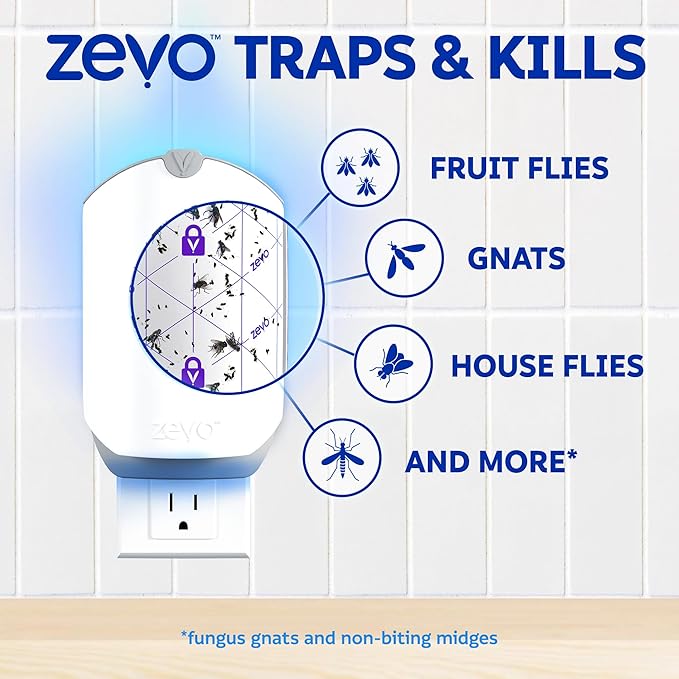 Zevo 4 Flying Insect Traps & 4 Cartridges - Plug In Fly Trap & Indoor Bug Catcher for Gnats, House & Fruit Flies - Mess-Free - Use in Any Room - Uses Blue & UV Light (4 Plug In Devices & 4 Cartridges)
