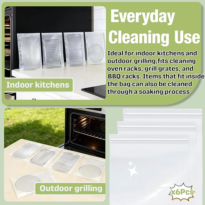 6-Pack 15.7 x 23.7 Inch Oven Rack Cleaning Bags, Reusable No-Scrub Soaking Bags with Sealed Zip for Removable Oven Racks, Grill Grates and BBQ Racks, Leak-Resistant Clear PE, No Cleaner Included