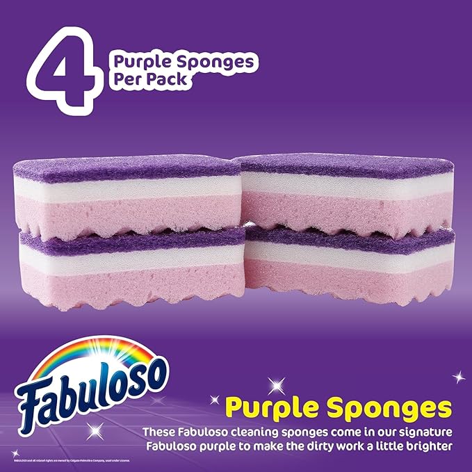 Fabuloso Scratch-Free Kitchen Dish Sponges, Purple Cellulose Scrubber Sponge with Scouring Pad for Dishes, Pots, Pans, Counters and Sinks, Tough on Messes, 4.25 x 2.75 x 1.25 in, 4 Count - 2 Pack