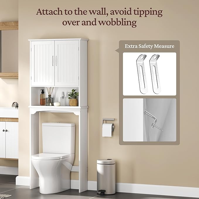 Yaheetech Over The Toilet Cabinet, Double Door Bathroom Storage Organizer, Toilet Rack with Inner Adjustable Shelf and Open Storage Shelf, White