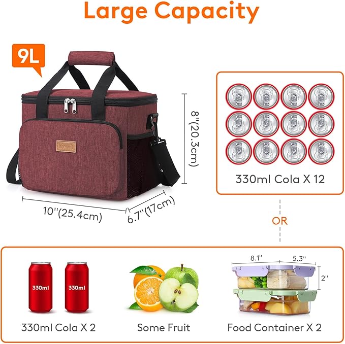 Lifewit Medium Lunch Bag, Insulated Lunch Box, Soft Cooler Cooling Tote for Adult Men Women, Burgundy 12-Can (9L)