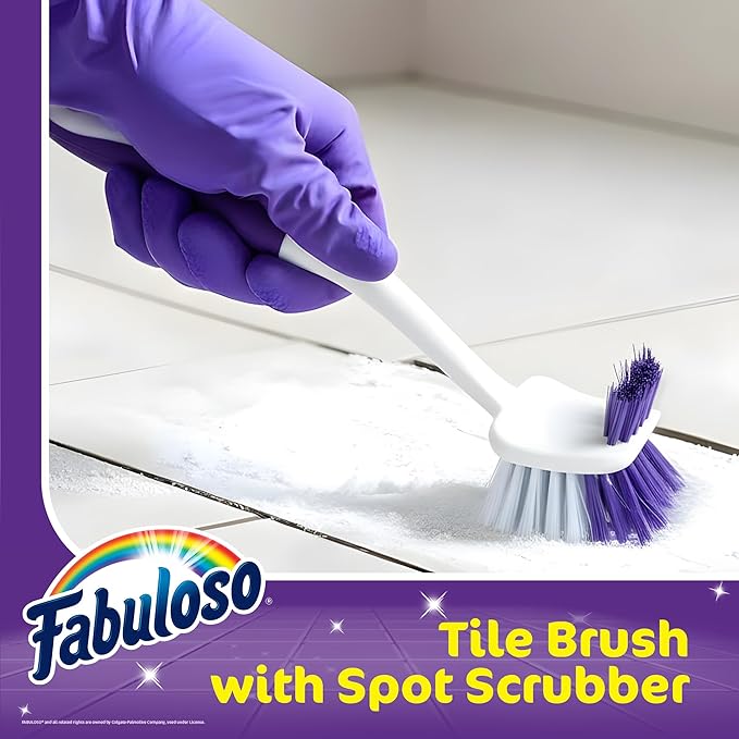 Fabuloso Tile Brush with Spot Scrubber, Long Bathroom Cleaning Brush with Medium Bristles, Shower Scrubber with Hanging Hole for Tile, Grout, Tubs, Floors and Bathroom Walls, 11 Inch