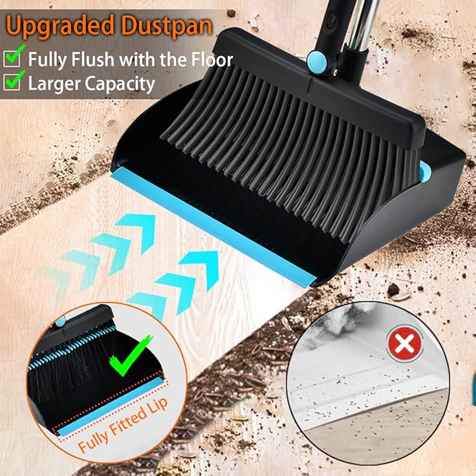 Broom and Dustpan Set for Home, Long Handle Dust Pan and Broom Combo for Indoor Outdoor Heavy Duty Dustpan Set for Kitchen Lobby Office Upright Standing Dustpan with Teeth (Deep Blue)