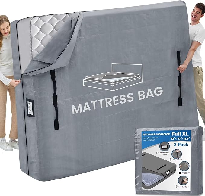 Mattress Bags for Moving and Storage, BETU Waterproof Mattress Protector Full XL Mattress Cover with 8 Heavy Duty Handles and Zipper Extra Thick Moving Supplies for Bed (2 Pack:82x57x13.5 Grey)