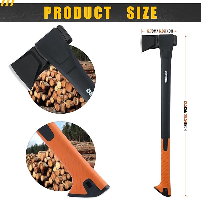 X25 Wood Splitting Axe, 28” Camping Outdoor Hatchet for Wood Splitting and Kindling, Forged Carbon Steel Heat Treated Hand Maul Tool, Nylon Hollow Handle Shock Reduction Handle