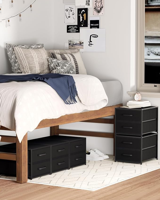 Homsorout Stackable Storage Drawers - 2 Tier Closet Drawers, Closet Organizer with Metal Handles, Night Stand with Collapsible Bins, Fabric Dresser for Bedroom, Dorm, Office, Black, 2 Pack