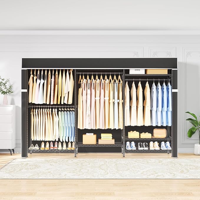 Ulif E13C Pro Heavy Duty Closet Organizer System，Freestanding Clothing Racks for Hanging Clothes，Adjustable Garment Rack 75" W x16 D x77 H Hold 1000lbs，Black Rack with Black Dustproof Cover
