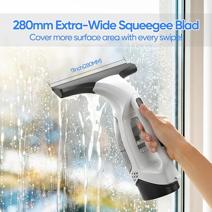 Cordless Window Vacuum Squeegee with Extension Pole Electric Window Cleaner Tool 11 inchs Electric Window Vacuum Shower Squeegee for Shower Door, High Window, Tile and Car Windshield