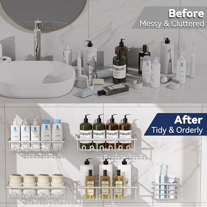 8 Pack Adhesive Rustproof Shower Caddy with Soap Dishes, Toothbrush Holder & Hooks, Large Capacity No-Drilling Shower Shelves Rack for Bathroom Organizers and Storage Accessories, Silver