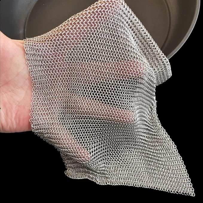 Cast Iron Cleaner and Chainmail Skillet Scrubber - 8''x8'' Upgraded 3.8mm Small Ring, 316L Stainless Steel Fine Rings - Durable Scraper for Skillets, Pans, Griddles & Containers