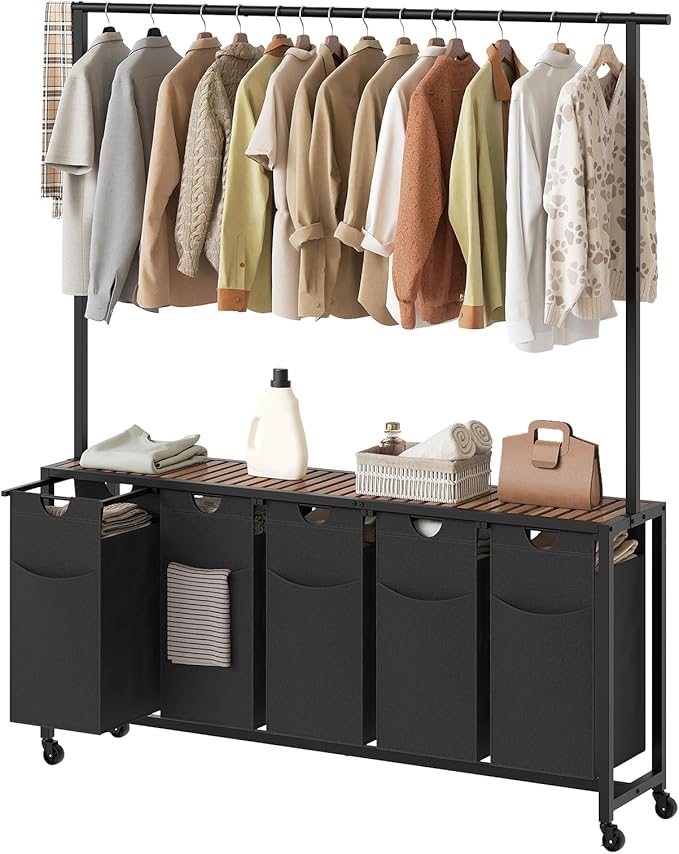 YATINEY Laundry Hamper, Laundry Sorter 5 Section, Rolling Laundry Basket, Laundry Sorter with Hanging Bar, Hampers for Laundry, Laundry Basket Organizer for Laundry Room, Rustic Brown LS57BR