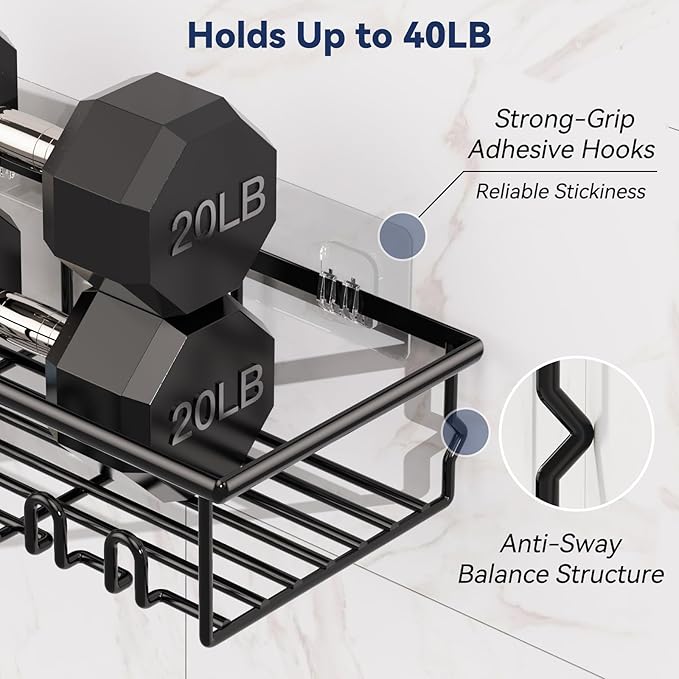 8 Pack Adhesive Rustproof Shower Caddy with Soap Dishes, Toothbrush Holder & Hooks, Large Capacity No-Drilling Shower Shelves Rack for Bathroom Organizers and Storage Accessories, Black