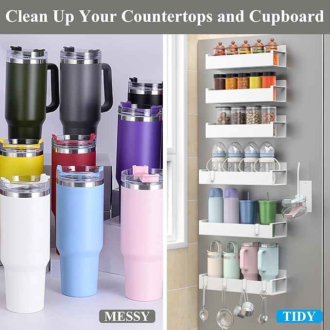 Magnetic Water Bottle Holder for Refrigerator, Cup Holder Organizer for Stanley and Tumbler for Kitchen, 6 Pack, White
