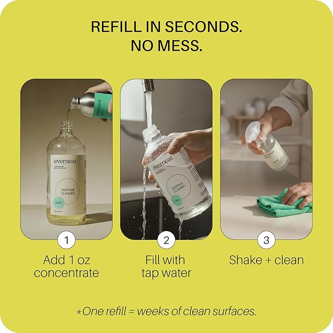 Everneat Probiotic Surface Cleaner Concentrate – Cleans for Days, Refillable, Non-Toxic | Plastic Spray Bottle | Unscented | 1 oz (Just Add Water)