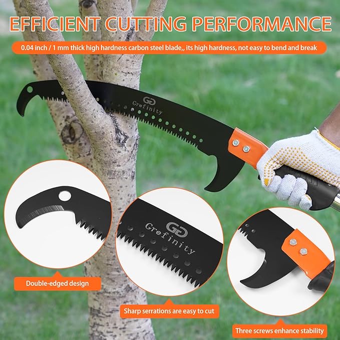 Manual Pole Saw for Tree Trimming, 14 FT Pruning Saw with 6-Section Stainless Steel Handle, Sharp steel Blade, Easy to Carry and Lightweight Extendable Design for Garden & Tree Maintenance