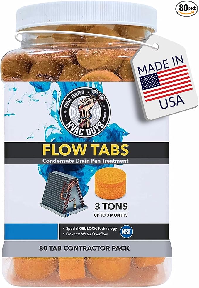 HVAC Guys Flow Tabs with Gel Lock Technology - 80 Pack - Keep Drain Pans Clean, Prevent Overflow, 3 Ton Tab Lasts up to 3 Months - 1 Tab is Equal to 18 Regular Tablets (1,440 Total) - Made in The USA
