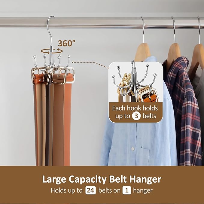 ZEDODIER 2 Pack Belt Organizer for Closet, Heavy-Duty Rotating Belt Hanger Rack Holds up to 48 Belts, Hanging Space Saving Metal Belt Holder for Closet Storage, Silver