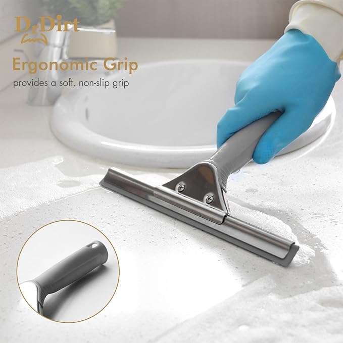 DrDirt Window Squeegee for Home, Stainless Steel, Durable, Ergonomic Non-Slip Handle, Replaceable Foam Rubber Blade, 14in Squeegee for Window Cleaning