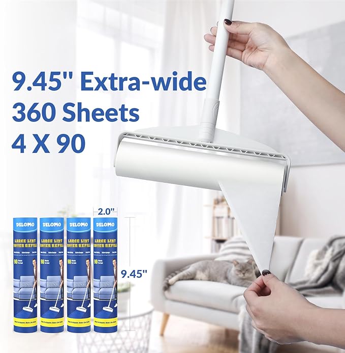 DELOMO Large Lint Roller Refills (6 Pack, 540 Sheets) – Compatible Only with DELOMO 9.45 in Giant Lint Roller – Extra Sticky Floor Lint Roller Refill for Carpets, Beds, Couches, Cars & Pet Hair