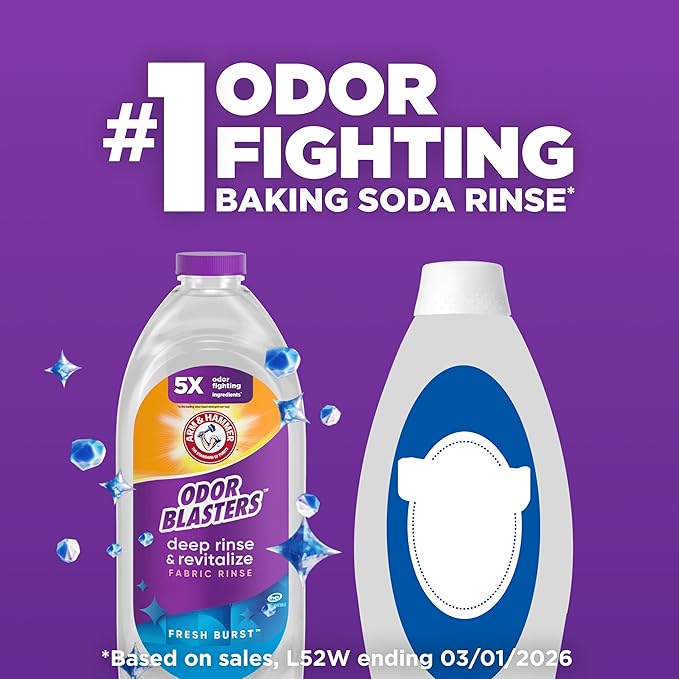 ARM & HAMMER Odor Blasters Deep Rinse and Revitalize Fabric Rinse, Laundry Additive, Eliminates Sweat and Musty Odors, Fresh Burst Scent, 50 fl oz