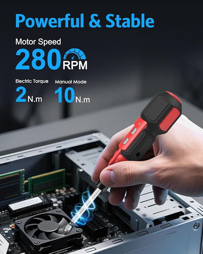 AMIR Cordless Screwdriver, Rechargeable Electric Screwdriver Sets, Portable Automatic Home Repair Tool Kit with USB Cable and LED Lights, Red