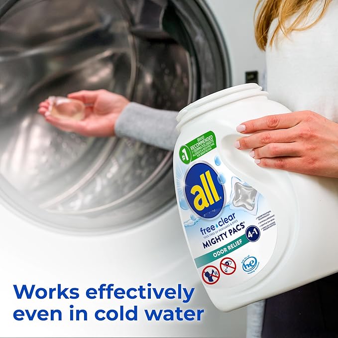 All Mighty Pacs Laundry Detergent Free Clear Odor Relief, Tub, 56 Count