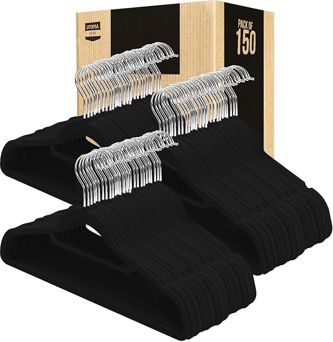 Utopia Home Premium Velvet Hangers 150 Pack - Non-Slip Clothes Hanger with Tie Bar - Black Hangers with 360 Degree Rotatable Hook - Heavy Duty Coat Hanger