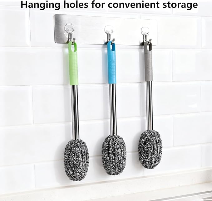 3-Pack Steel Wool Scrubber with Long Handle, Kitchen Dishwashing Pot Scrubber for Deep Cleaning