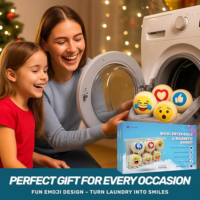 Emoji Wool Dryer Balls with Magnetic Dryer Ball Holder for Laundry Room Organization and Storage – 6 XL Reusable Wool Balls for Dryer with Fun Emoji Design to Make Laundry More Enjoyable
