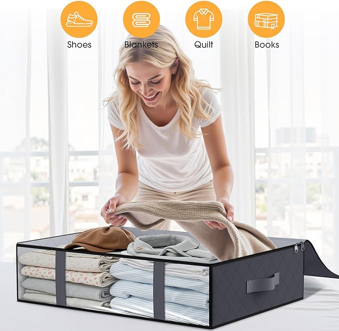 StorageRight Under Bed Storage Bags 2 Pack, 40L Large Clothes & Comforter Storage Containers with Clear Window, Breathable Fabric Organizer for Blankets, Bedding, Seasonal Clothing, Grey
