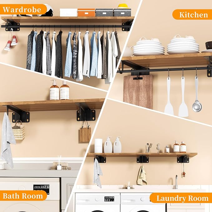 Closet Rod Support Bracket WYGWP Heavy Duty Closet Shelf Brackets Supports 200lbs,Sturdy Closet Shelves Wall Mounted for DIY Home and Closet Decor Black 2pack