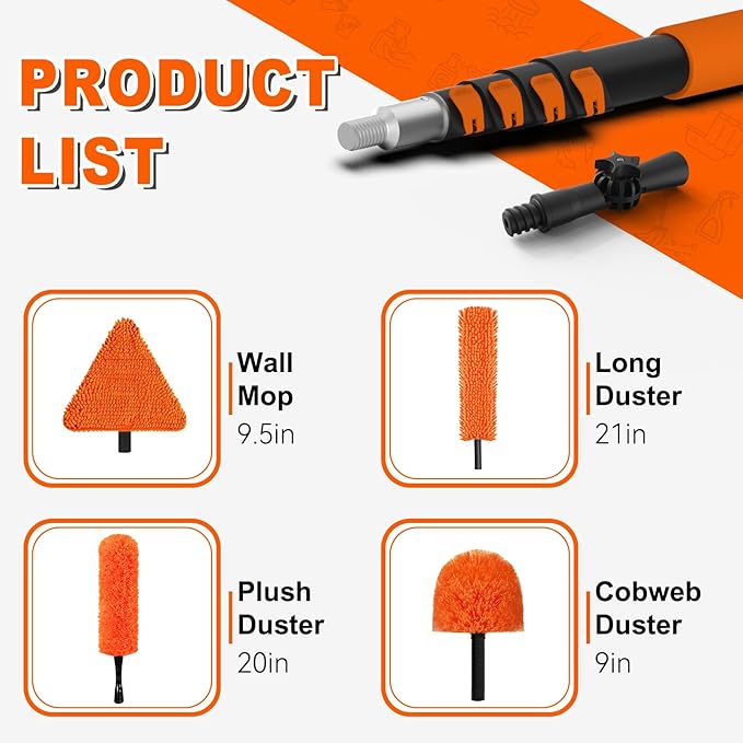 26FT Reach Duster Cleaner Kit, Dusters for Cleaning with Extension Pole, Baseboard & Wall and Window Cleaner Mop for Fan Blades, High Ceiling and Cobweb