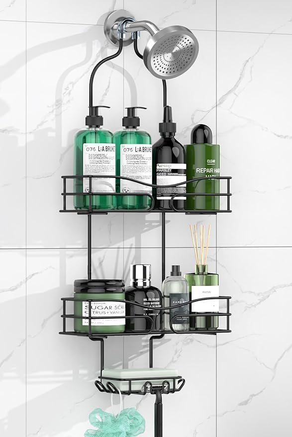 DAOYA Bathroom Shower Caddy Hanging - 3-Tier Organizer with Soap Holder & 6 Hooks for Towels, Sponge; Fits 21mm Shower Head Arm, Black