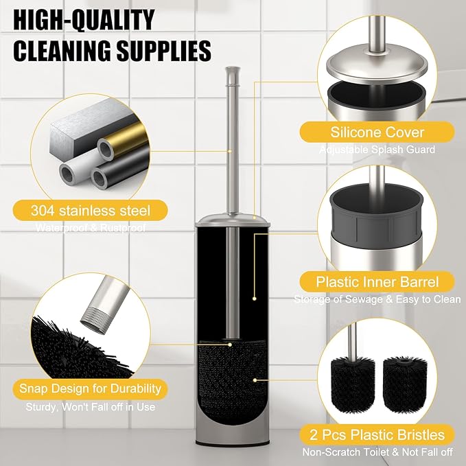 BESy Toilet Brush and Holder, Toilet Cleaner Bowl Set with Two Brush with Extra Long Handle, Durable Bristles Toilet Scrubber and Covered Holder, Drip-Proof Stainless Steel Brushed Nickel