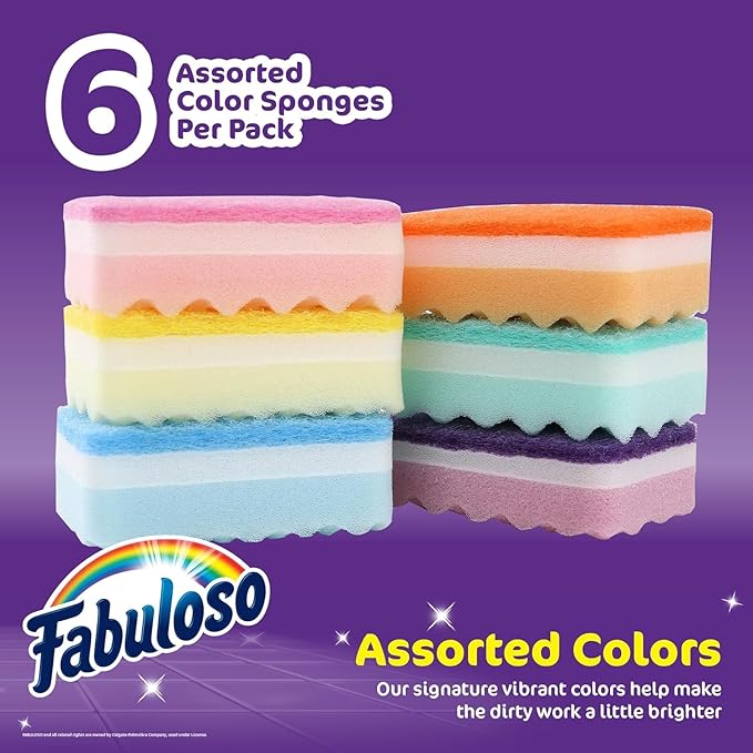 Fabuloso Scratch-Free Kitchen Dish Sponges, Rainbow Cellulose Scrubber Sponge with Scouring Pad for Dishes, Pots, Pans, Counters and Sinks, Tough on Messes, 4.25 x 2.75 x 1.25 in, 6 Count - 2 Pack