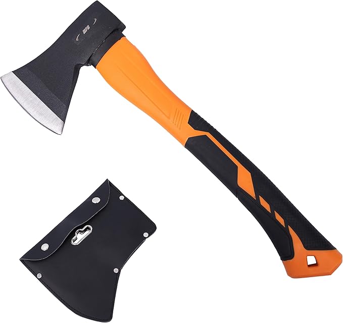 HFS(R) 14.5 Inch Axe Hatchet with Fiberglass Handle Chopping Splitting Camping Axe 21oz/600g Head Weight Heat-Treated Blade, Anti-Slip Grip, Perfect for Gardening, Hiking, Woodworking