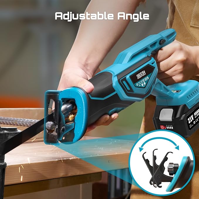 SEESII Reciprocating Saw Cordless, Variable Speed 3500 RPM Brushless Motor with 8 Saw Blades, 2 x 4.0Ah Batteries, LED Light, Tool‑Free Blade Change, Portable for Wood PVC Cutting (Dark Blue)