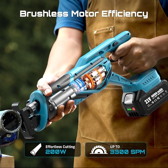 SEESII Reciprocating Saw Cordless, Variable Speed 3500 RPM Brushless Motor with 8 Saw Blades, 2 x 4.0Ah Batteries, LED Light, Tool‑Free Blade Change, Portable for Wood PVC Cutting (Dark Blue)