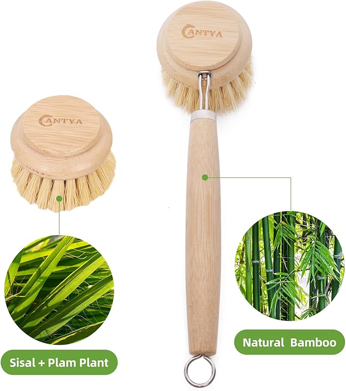 Bamboo Dish Brush - Bamboo Dish Scrubber, Eco-Friendly and Biodegradable, Vegetable Brush Suitable for Cookware, Bowls and Plates, Non-Stick Pans(Soft Bristle)