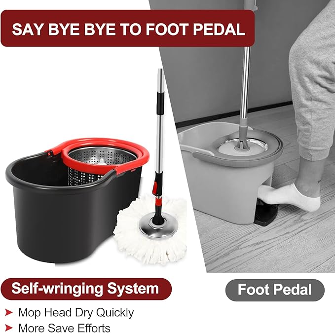 Spin Mop and Bucket with Wringer Set, 3 Washable Microfiber Pads Included for Floor Cleaning, Adjustable Stainless Steel Handle (XS-Black)