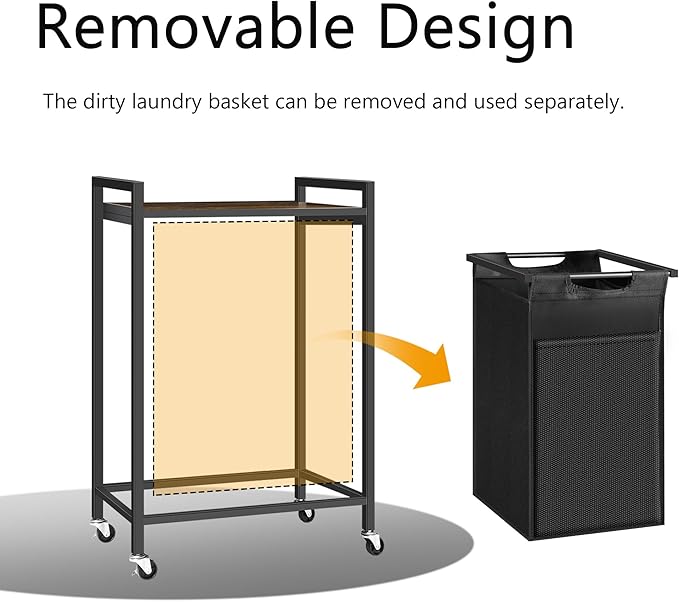 Laundry Hamper with Shelf, Laundry Basket with 1 Large Pull-Out Removable Bags, 1 x 18.3 Gallons(69L), Metal Frame, Lockable Wheels, for Laundry Room and Bedroom