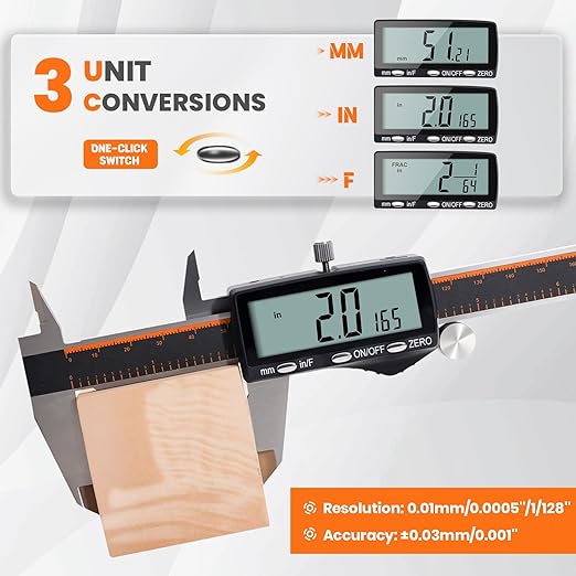 HARDELL Digital Caliper, Rechargeable 0-8 Inch Calipers Measuring Tool with Large LCD Screen, Inch/MM/Fraction, Stainless Steel, Auto-Off, Vernier Caliper Digital Micrometer