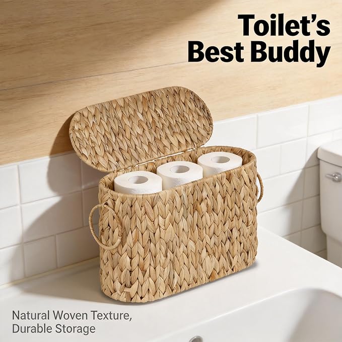 Toilet Paper Storage Basket,Water Hyacinth Wicker Basket with Lid and Handles for Bathroom Organizer and Storage,Toilet Paper Holder Stand with Storage,Papers Container for up to 6 Mega Rolls
