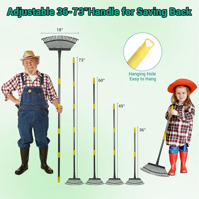 Adjustable Garden Rake for Leaves 36-73" Long Handle, 18" Wide, Heavy Duty with 25 Metal Tines ，Includes 32Gallon Leaf Bags，Designed for Lawns, Grass, Shrubs ，Flower Beds