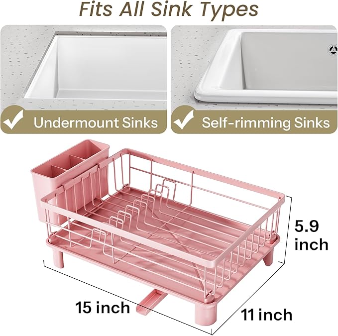 SNTD Dish Drying Rack - Small Dish Rack for Kitchen Counter, Stainless Steel Dish Drainer with Utensil Holder and Drainboard, 11" W x 15" L (Pink)