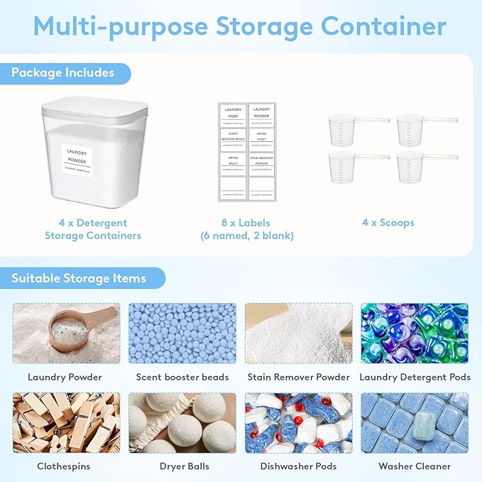 Lifewit Laundry Pods Container with Pop-up Lid, Laundry Room Organization, Dryer Sheet Holder for Washing Powder Scent Booster Beads, 2700 ml/0.72gal,4 Pcs
